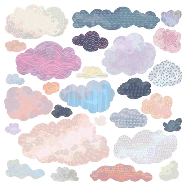 Colección Nubes Abstractas Dibujos Animados Estilo Acuarela Textura Patrón Conjunto — Vector de stock