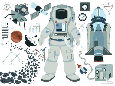 Astronot, roket, gezegen, uzay ekipmanları, formüller. Uzay sembolleri ve nesneler koleksiyonu. Vektör illüstrasyonu