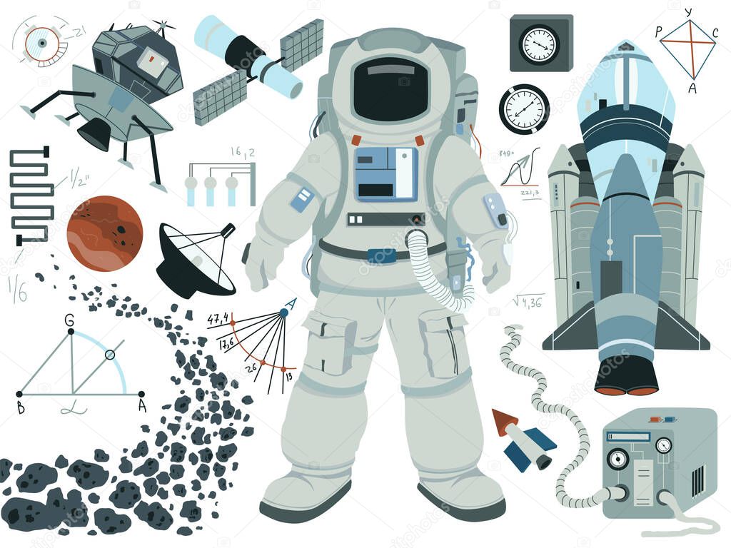 Astronaut, rocket, planet, space equipment, formulas. Collection of space symbols and objects. Vector illustration