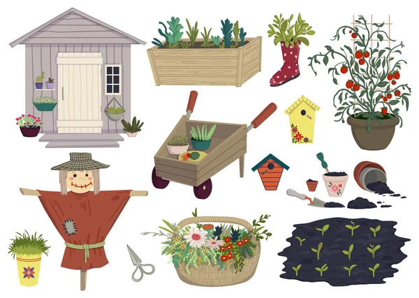 Colección Objetos Jardín Casa Jardín Macetas Carrito Jardín Plantas Pajareras — Vector de stock