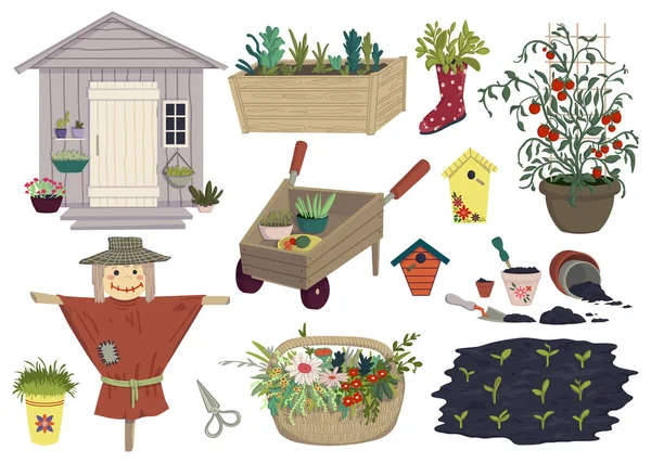 Garden Objects Collection Garden House Flower Pots Garden Cart Plants — Stock Vector