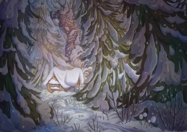 Зимний Уютный Пейзаж Снежными Елками Домик Тропинка Cartoon Fairy Scenery — стоковое фото