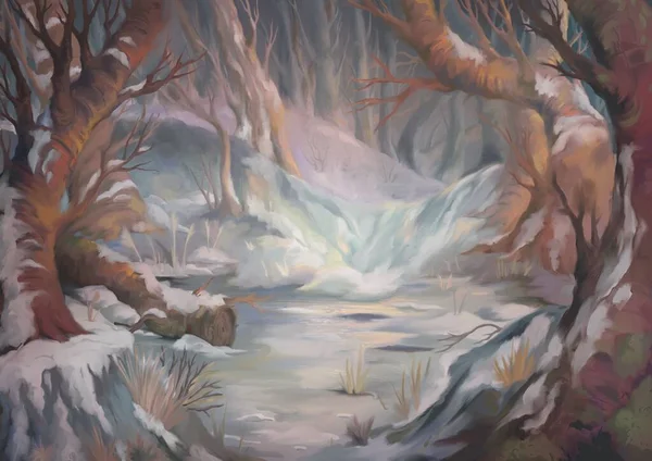 Zimní Krajina Zasněženými Stromy Zamrzlým Jezerem Pozadí Kreslené Pohádkové Scenérie — Stock fotografie