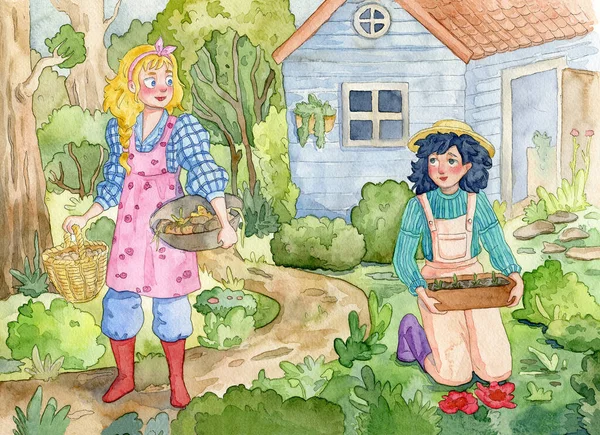 可爱的园丁女孩和风景与花园 花园房子和小径 有趣的卡通人物 水彩画 — 图库照片#