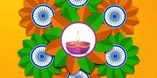 Diwali Festival Lumière Avec Lampe Huile Mandala Rangoli Ashoka Roue — Image vectorielle
