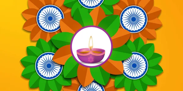 Diwali Festival Luz Con Lámpara Aceite Mandala Rangoli Ashoka Rueda — Vector de stock