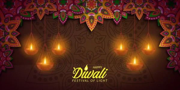 Diwali Festival Světlé Olejové Lampy Plakát Plakát Blahopřání Šablona — Stockový vektor