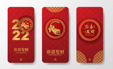 Mutlu Çin Yeni Yılı. 2022 yılındaki kaplan ve burç falı sosyal medya hikayeleri için geleneksel desen dekorasyonu asıyor (metin çevirisi = mutlu Çin Yeni Yılı)