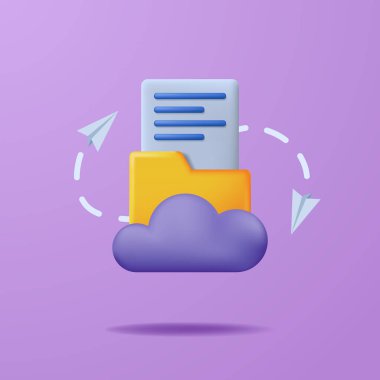 Bulut dosya sunucusu veri aktarım kavramı. Sayfa belgesi olan 3d sevimli simge sarı klasörü.