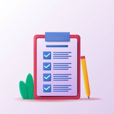 Kalemle birlikte bir pano kağıdındaki 3d simge kontrol listesi. Liste görev raporlarının başarıyla tamamlanması