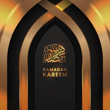 Arapça kaligrafi ile Ramazan Kareem İslami Festivali için zarif altın kapılı cami dekorasyonu (metin çevirisi = kutsal ramazan)