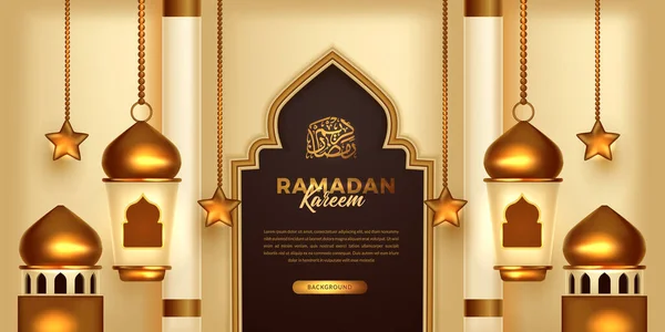 Ramadan Mubarak Kareem Banner Met Gouden Koepel Moskee Met Hangende — Stockvector