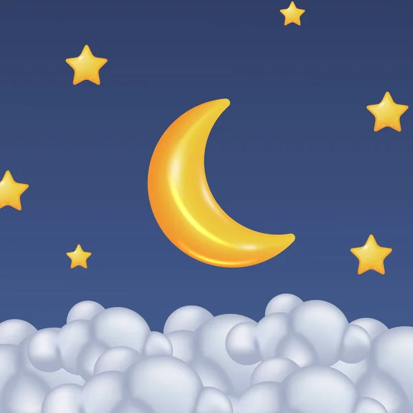 Amarelo Bonito Lua Crescente Estrela Com Nuvem Céu Noturno Para —  Vetores de Stock
