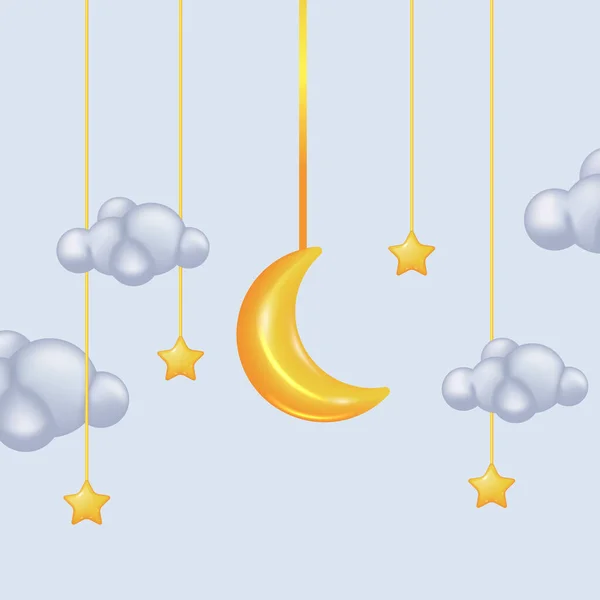 Bonito Lua Dourada Crescente Brinquedo Com Nuvem Pendurado Conceito Estrela — Vetor de Stock