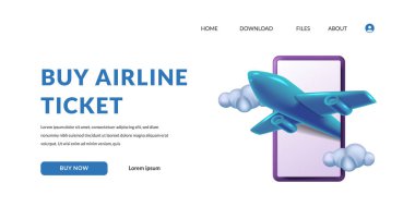 Seyahat konsepti internet üzerinden telefon illüstrasyon konseptli 3D sevimli uçak bileti satın almak.
