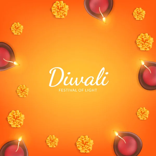 Diwali Festival Světla Marigold Květinový Rám Dekorace Oranžovým Pozadím — Stockový vektor