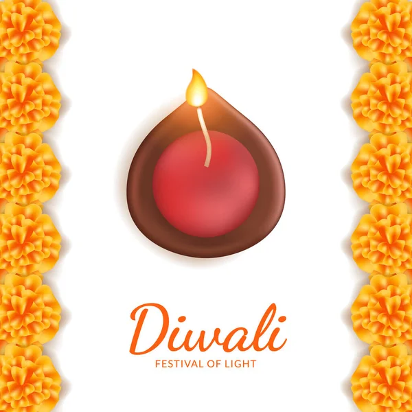 Diwali Festival Light Greeting Decoration Realistic Oil Lamp Marigold Flower — Stock Vector