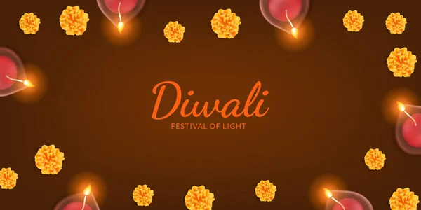 Glückliches Diwali Öllampe Kerze Mit Ringelblume Auf Dunklem Hintergrund Für — Stockvektor