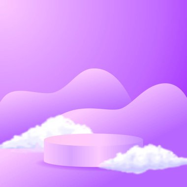 Mor renk ve bulutlu 3d silindir sahnesi olan podyum ürün görüntüsü