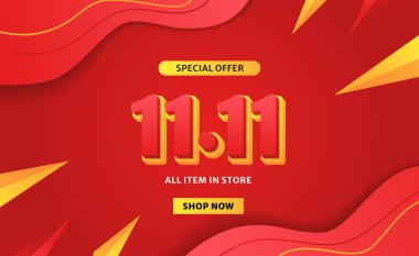 11 11 11 satış teklifi indirimli pankart şablonu kırmızı ve sarı renkli canlı arkaplanlı 3D metin