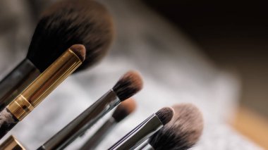 Güzel profesyonel makyaj fırçaları ve ahşap arka planda pudra. en üstteki görünüm