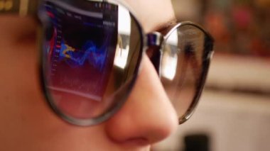 Analist, gözlüklere yansıyan bir ekranda finansal piyasa verilerini inceliyor
