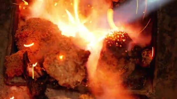 Запуск парового котла из опилок с газовой горелкой — стоковое видео