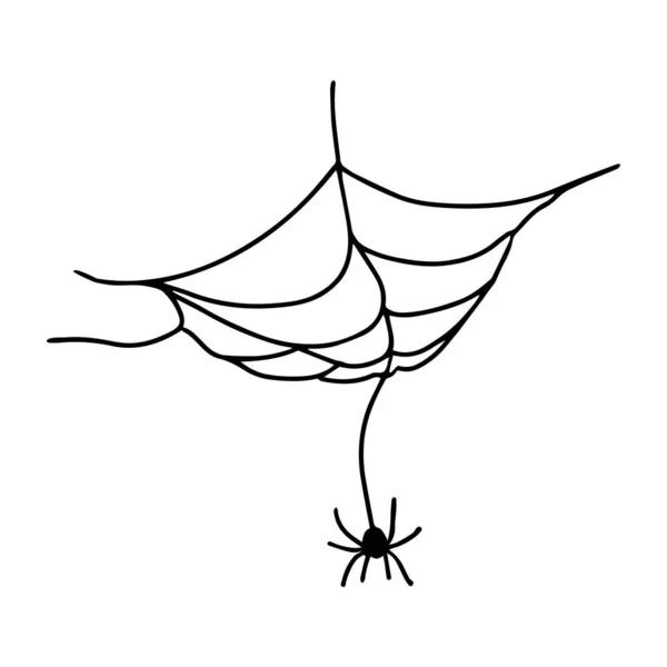 Uma imagem em preto e branco na forma de uma aranha pendurada em uma teia para o feriado de Halloween. — Vetor de Stock