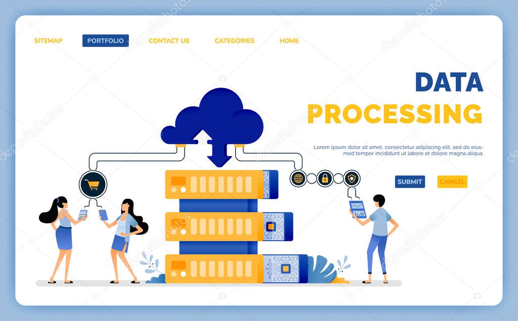 Design of gradual processing data in database to accessed in cloud and distributed to requesting user. vector illustration can be used for landing page, web, website, mobile apps, poster, flyer, ui ux