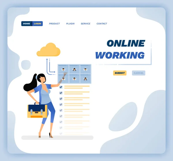 Vector Illustration Woman Accessing Work Meeting Remotely Connecting Internet Cloud — Vetor de Stock