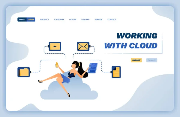 Vector Illustration Woman Working Casually Cloud Enjoying Easy Access Completing — Vetor de Stock