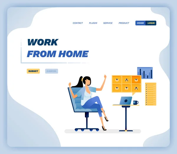 仕事の椅子に座って まだ生産的なオンライン会議の仕事を完了する女性のベクトルイラスト デザインはウェブサイト ポスター チラシ アプリ プロモーション マーケティングに使用できます — ストックベクタ