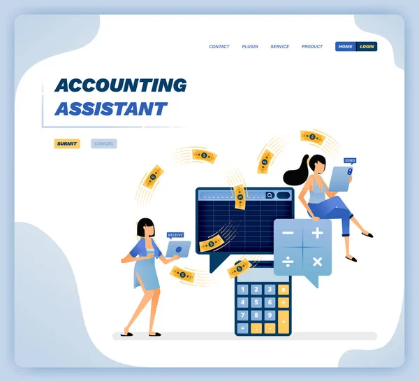 Vector Illustration Female Assistant Setting Accounting Spreadsheets Money Circulation Company — ストックベクタ