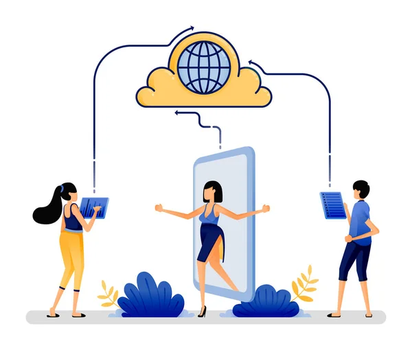 Vector Illustration People Access Internet Cloud Communicate Each Other Integrated — 图库矢量图片