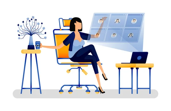 Vector Illustration Female Worker Home Having Meeting Colleagues Company Activities — Vetor de Stock