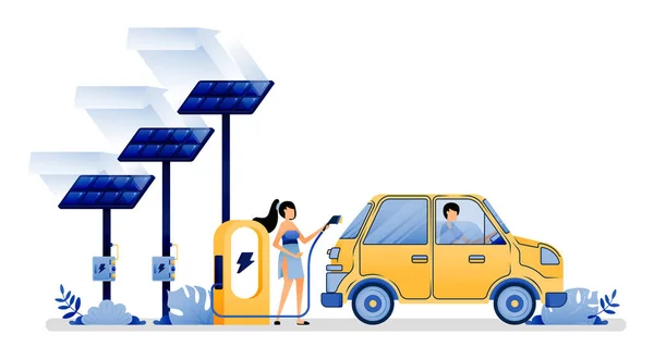 Vector Illustration Electric Charging Electric Cars Solar Panel More Environmentally — Vector de stock