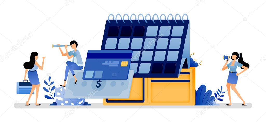 vector illustration of calendar that comes out of a wallet with credit card. maturity of payment of short term debt must  repaid immediately. Can use for web website apps poster banner flyer homepage