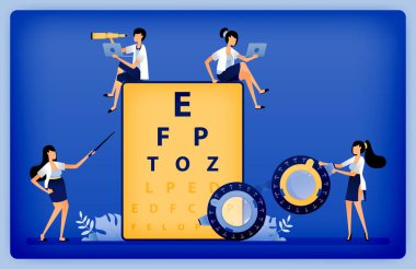 Optometristlerin optik sağlık örnekleri hasta miyop bozukluğunu ölçmek için Snellen ve deneme çerçevelerini kullanır. İniş sayfası, web sitesi, poster, mobil uygulamalar, broşür, reklamlar, el ilanları, kart için kullanılabilir