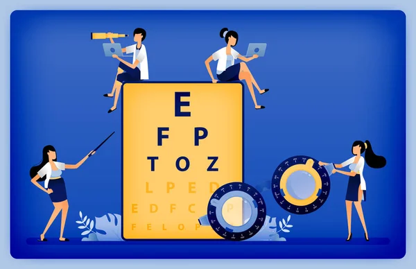 Ilustrasi Kesehatan Optik Dari Optometris Menggunakan Snellen Dan Kerangka Percobaan - Stok Vektor