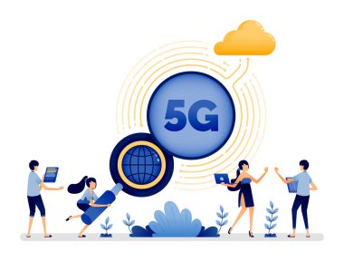İnternet, arama motorları, iş kolaylığı ve iletişim faaliyetleri için bulut bağlı 5G tasarımı. Vektör sayfa, web, web sitesi, poster, mobil uygulamalar, reklamlar, el ilanları, kart için kullanılabilir