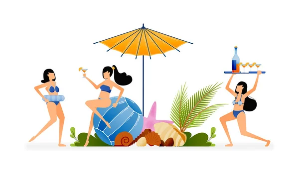 Ilustración Vectorial Personas Vacaciones Fiesta Playa Tropical Verano Después Una — Vector de stock