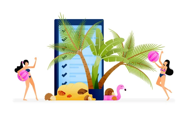 Vektorillustration Zweier Mädchen Die Zwischen Urlaubsticket Buchungs Apps Und Tropischen — Stockvektor