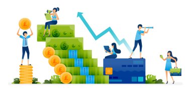Genç girişimcilerin finansal kolaylık kredi kartlarına erişimi ile nakit akışındaki harcamaları kolaylıkla artırmak için kredi almanın bir tasviri. İniş sayfası, web sitesi, mobil uygulama, poster için kullanılabilir