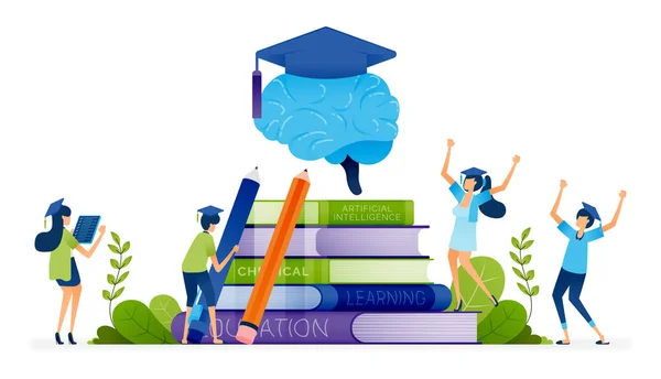 Ilustração Educação Estudantes Graduados Cercam Pilhas Livros Cérebros Vestindo Vestidos — Vetor de Stock