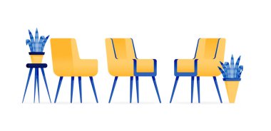 Oturma odası ya da çalışma odasının rahat koltukları ve misafirleri ağırlayan vektör tasarımı. İniş sayfası şablonu için resim konsepti kullanılabilir uux web mobil uygulama poster afişi reklamları