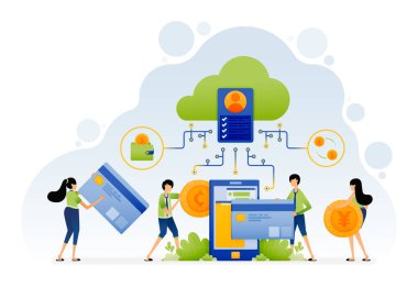 İnsanların vektör tasarımı, uygulamalarla yapılan işlemler gibi finansal faaliyetleri bulut veritabanında işleniyor. İniş sayfası web sitesi poster mobil uygulamaları sosyal medya reklamı için resim olabilir