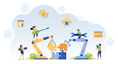 Yapay zeka teknolojisi, robotu bulmaca çözmede kontrol etmeyi öğrenen insanların bir tasviri. Tasarım, iniş sayfası poster afişi mobil uygulama web reklamları için olabilir