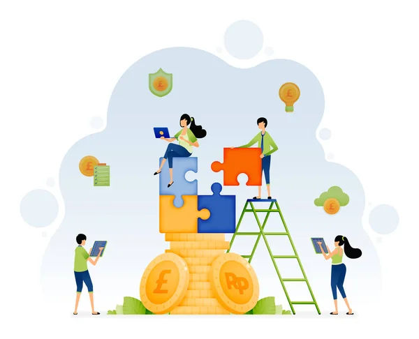 Illustration People Trying Find Solutions Puzzles Piled Coins Money Management — Stock vektor