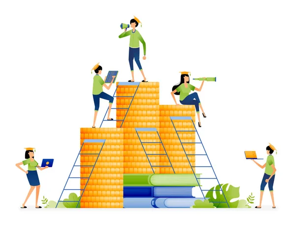 Design Students Climb Ladder Achievement Reach Top Money Pile Scholarships —  Vetores de Stock