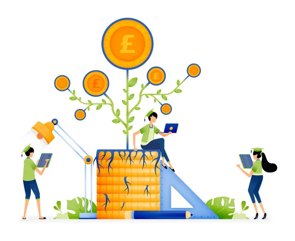 Design Students Sitting Growing Pile Plant Coins Learning Financial Literacy — Wektor stockowy